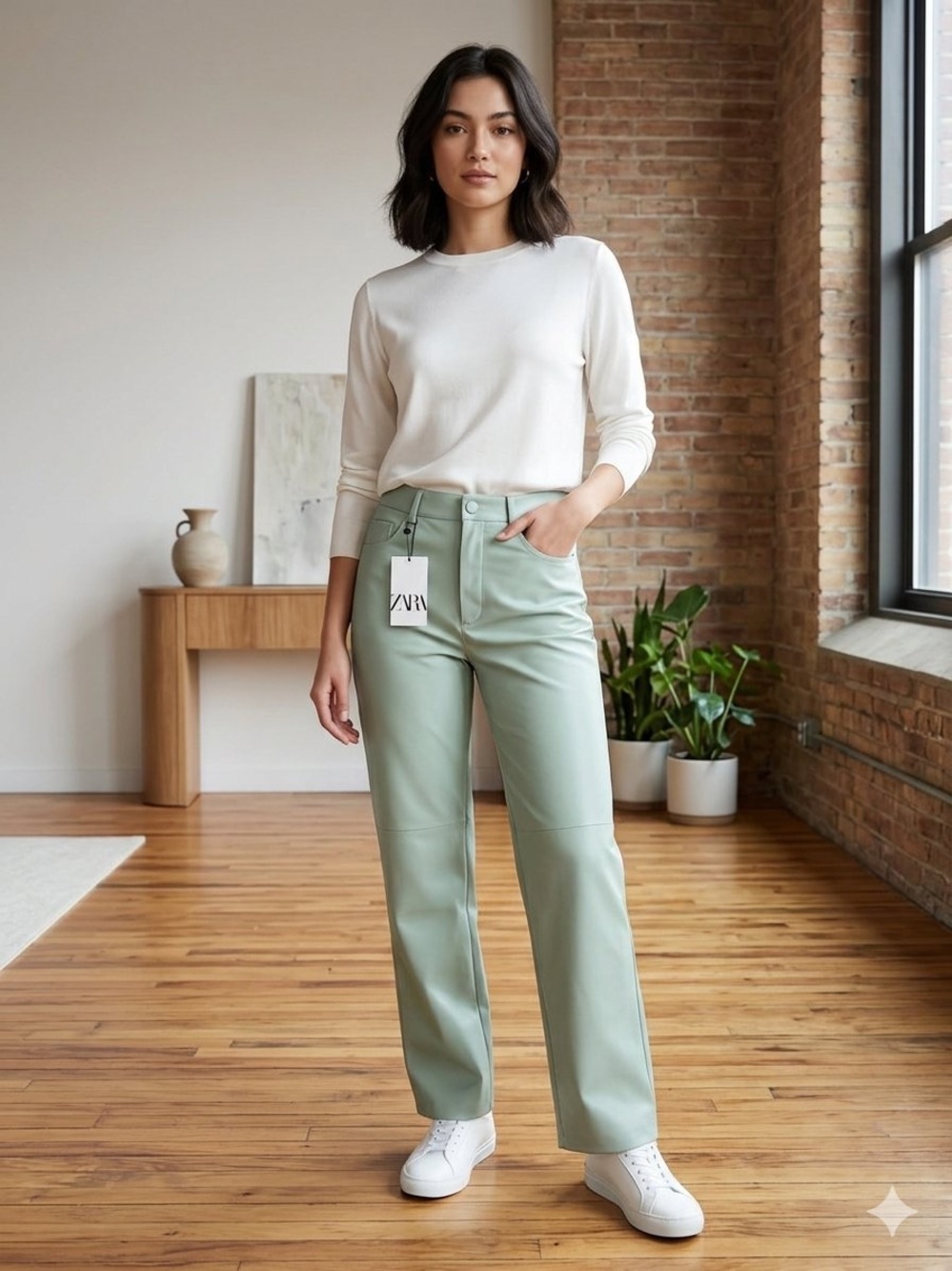 NWT ZARA Mint Green Straight-Leg Vegan Leather Pants (L)